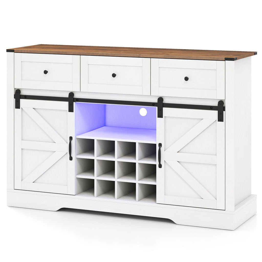 52 Inches Wine Bar Cabinet with LED Lights and Sliding Barn Doors