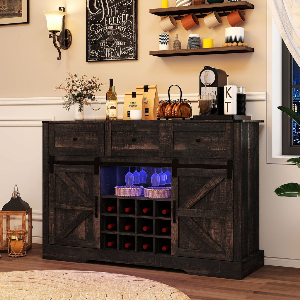 52 Inches Wine Bar Cabinet with LED Lights and Sliding Barn Doors