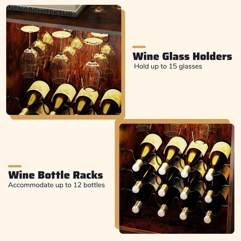 Wine Bar Cabinet with LED Light and Adjustable Shelves-Rustic Brown