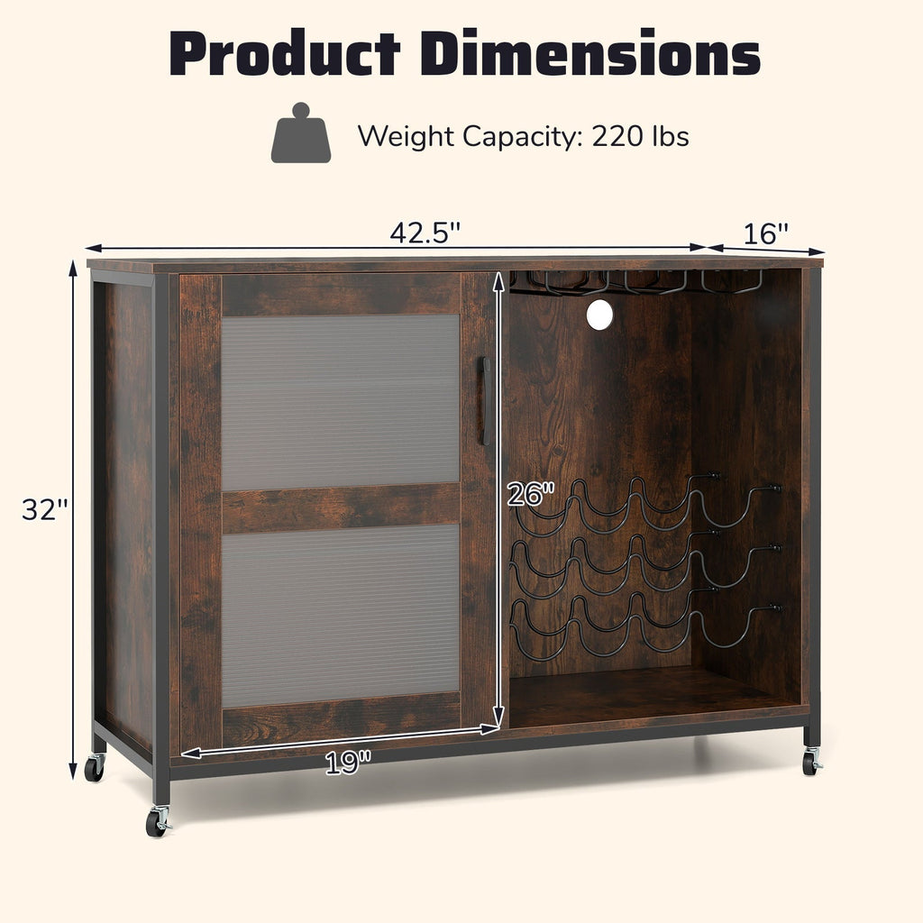 Wine Bar Cabinet with LED Light and Adjustable Shelves-Rustic Brown