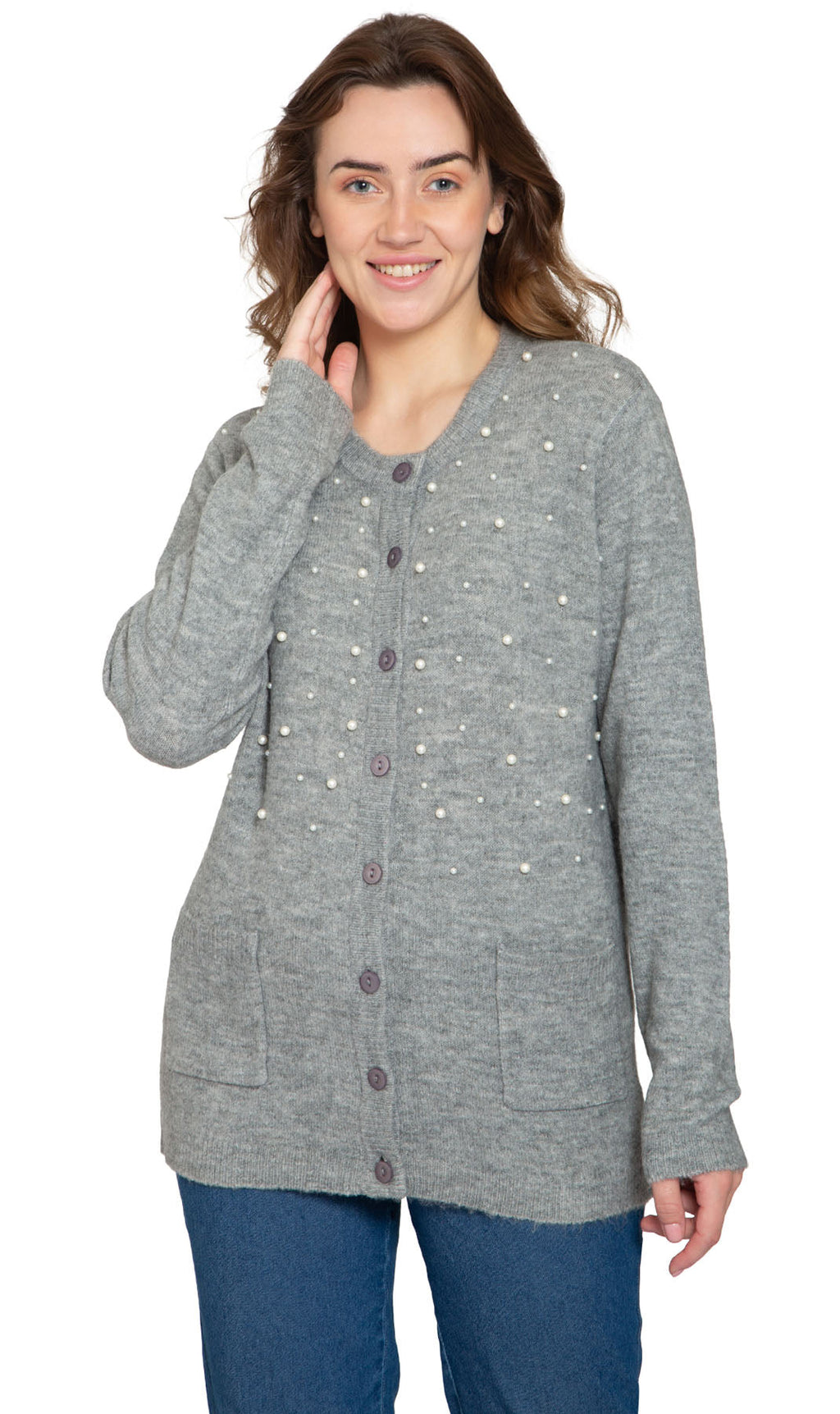 Women's Faux Pearl Button Cardigan — Cashmere-Like Soft Knit
