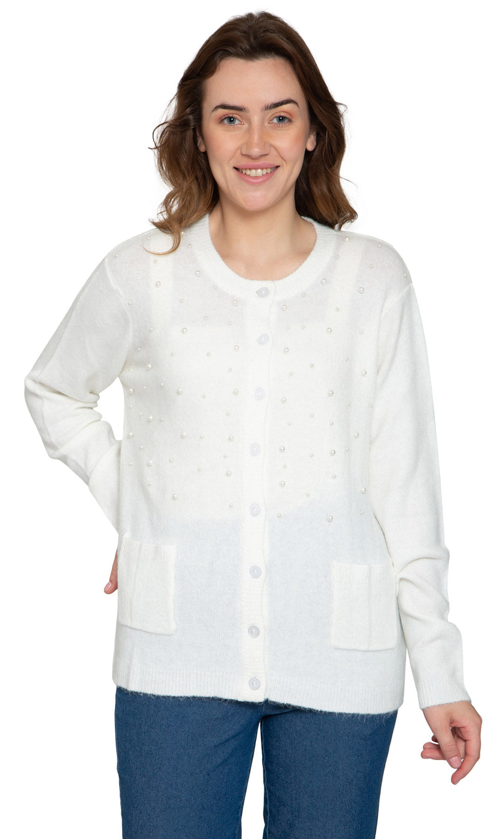 Women's Faux Pearl Button Cardigan — Cashmere-Like Soft Knit