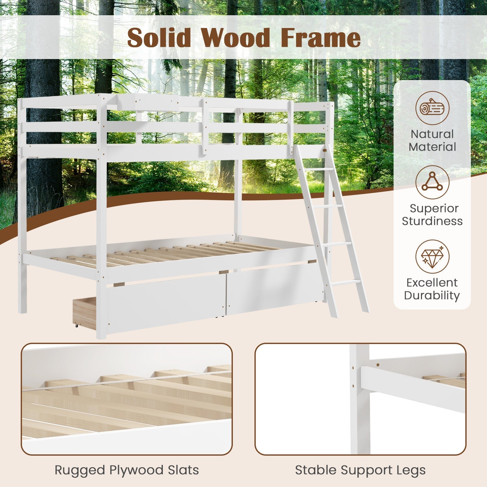 Twin Over Twin Bunk Bed Wood Bed Frame with 2 Storage Drawers and Ladder
