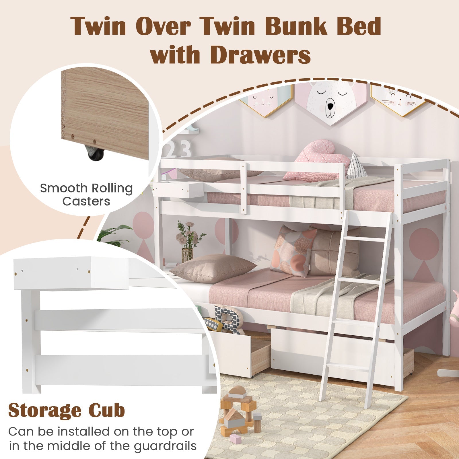 Twin Over Twin Bunk Bed Wood Bed Frame with 2 Storage Drawers and Ladder