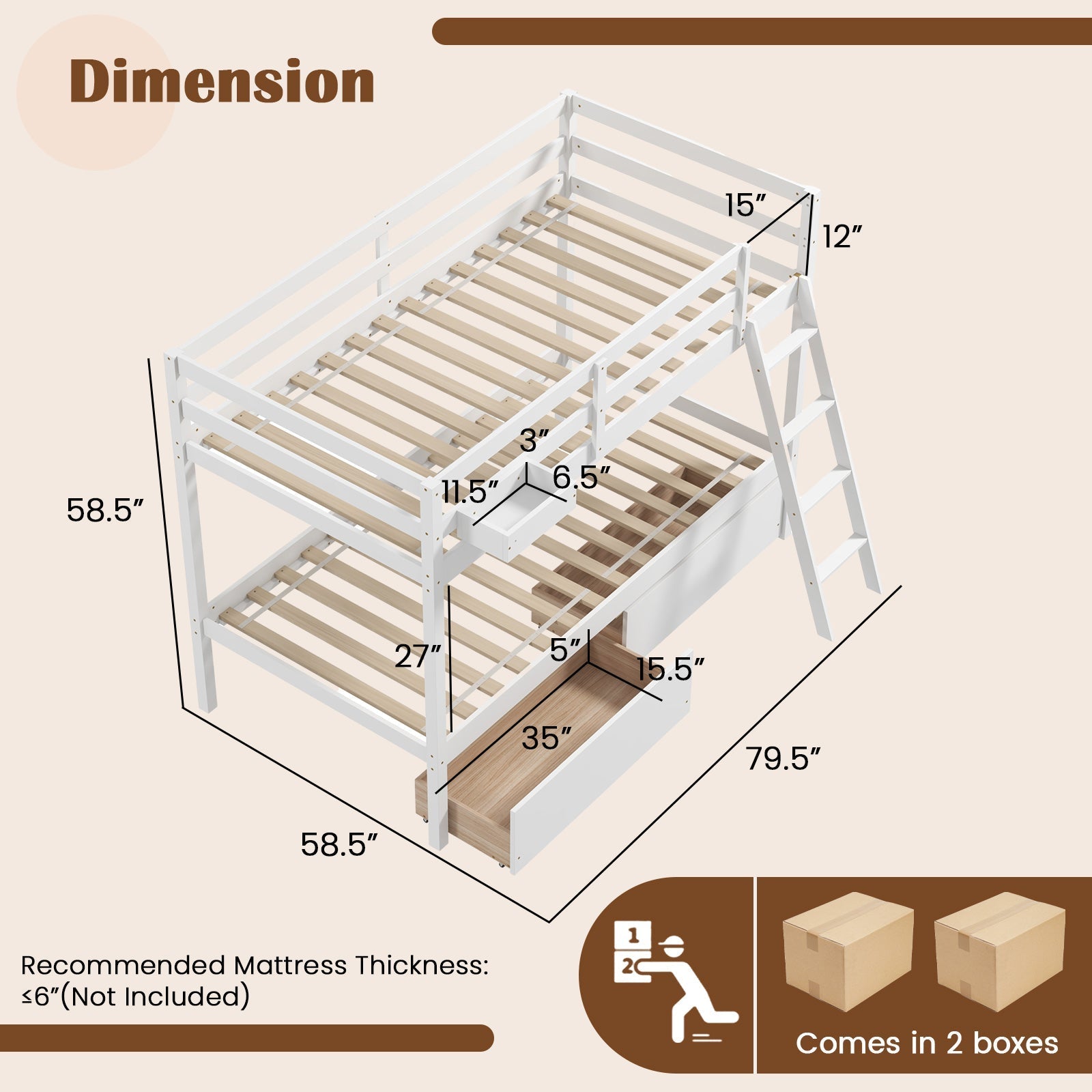 Twin Over Twin Bunk Bed Wood Bed Frame with 2 Storage Drawers and Ladder