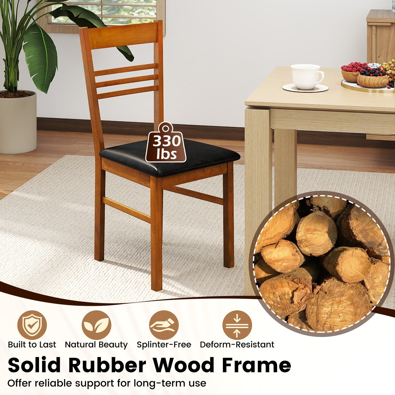 Wood Dining Chairs Set of 2 with Rubber Wood Frame