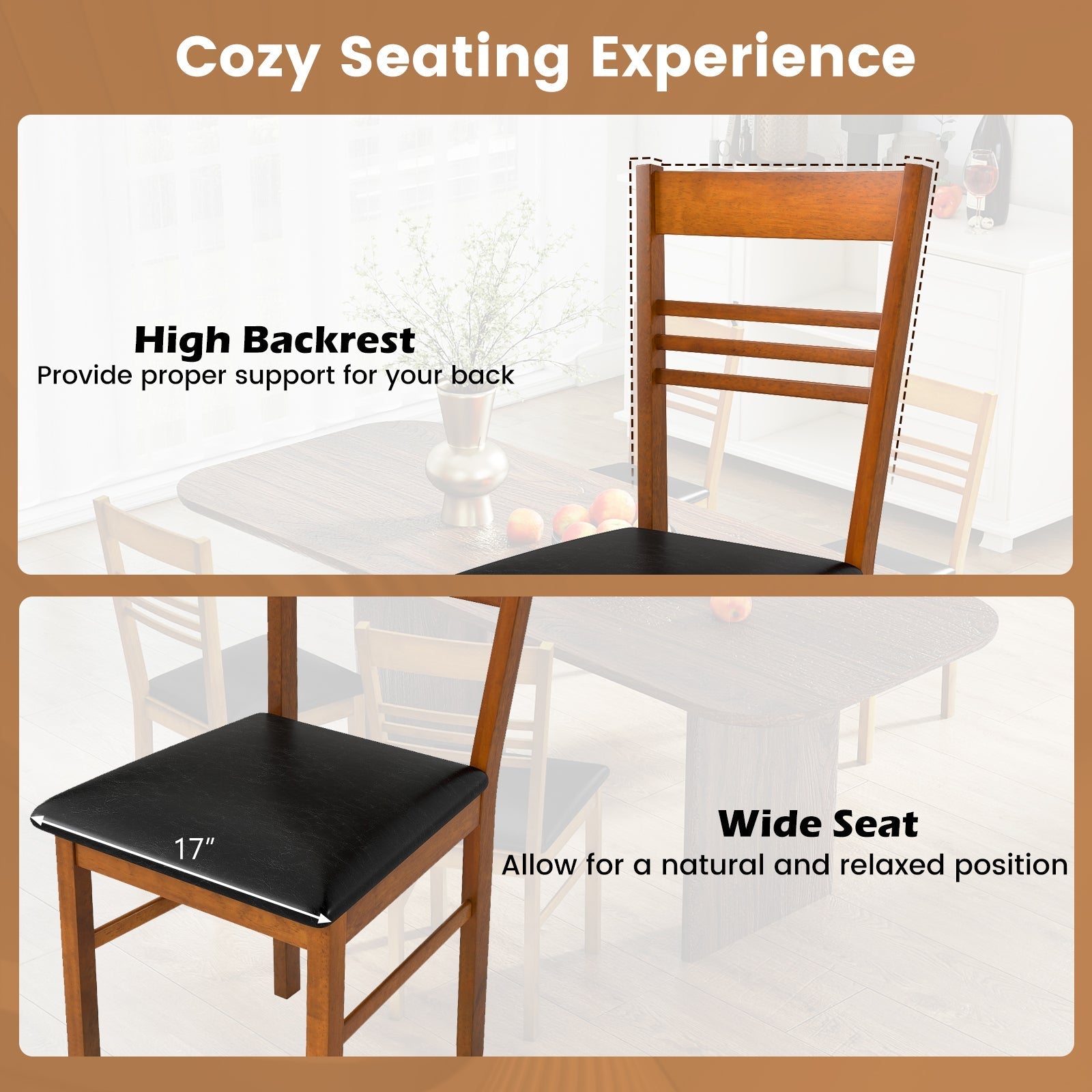 Wood Dining Chairs Set of 2 with Rubber Wood Frame