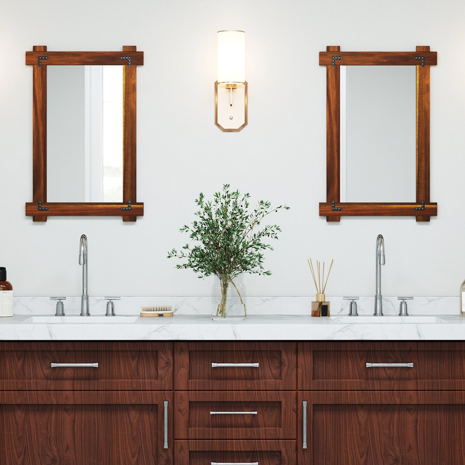 Wood Framed Mirror with Acacia Wood Frame and Vintage Rivet Design Brown