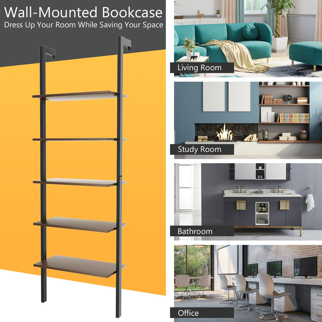 5-Tier Wood Look Ladder Shelf with Metal Frame for Home