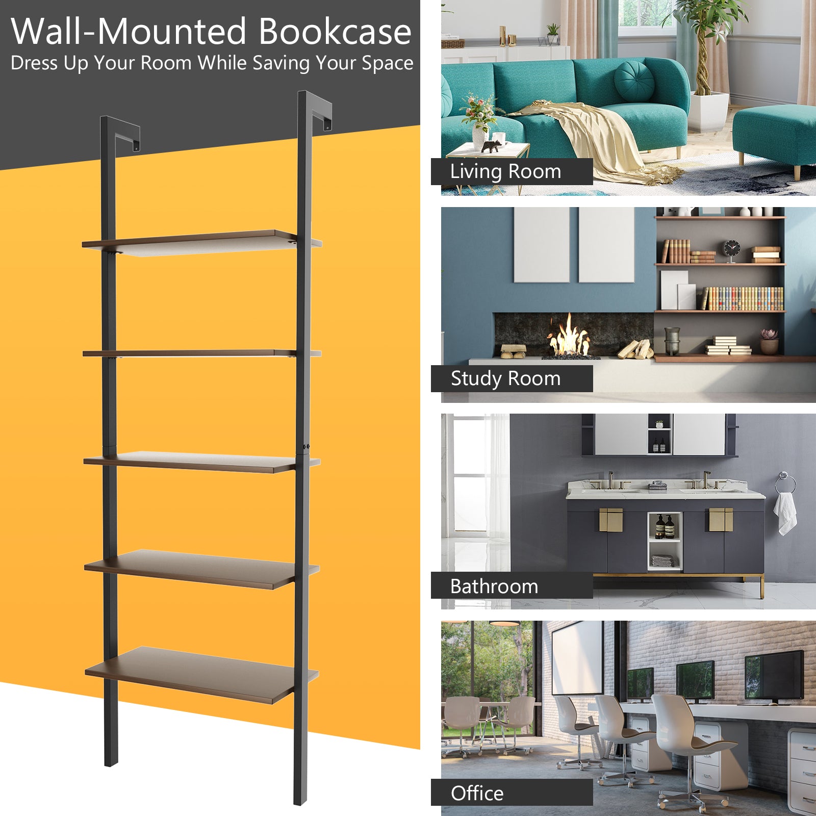 5-Tier Wood Look Ladder Shelf with Metal Frame for Home