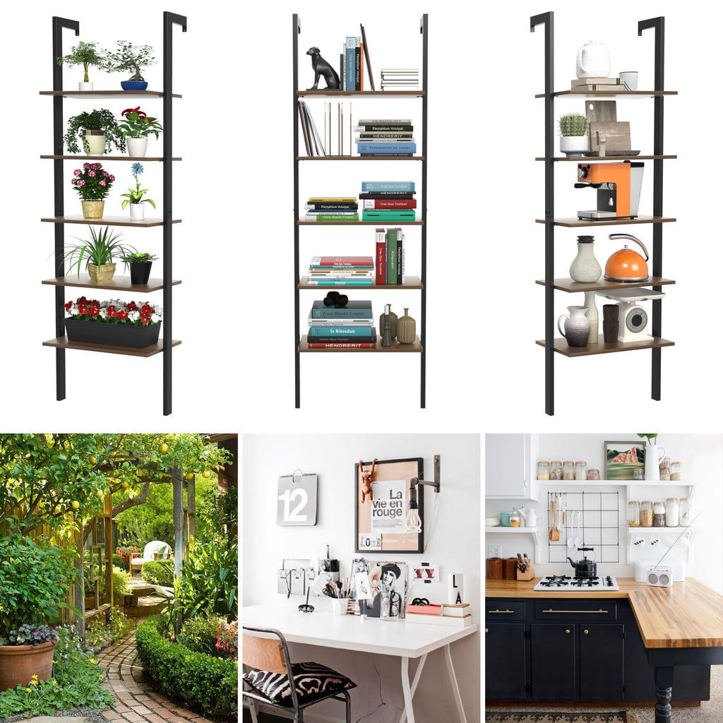 5-Tier Wood Look Ladder Shelf with Metal Frame for Home
