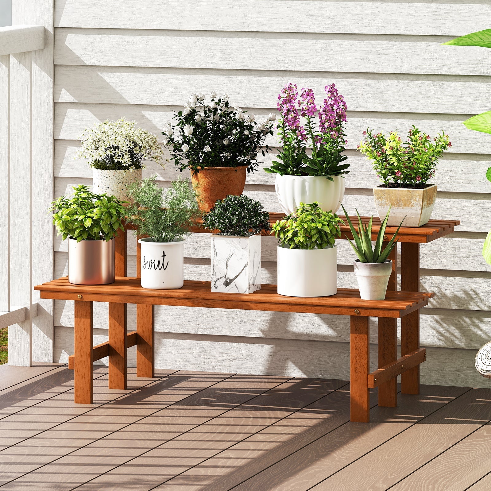 2-Tier Wood Plant Stand Ladder Plant Shelf for Indoor Outdoor