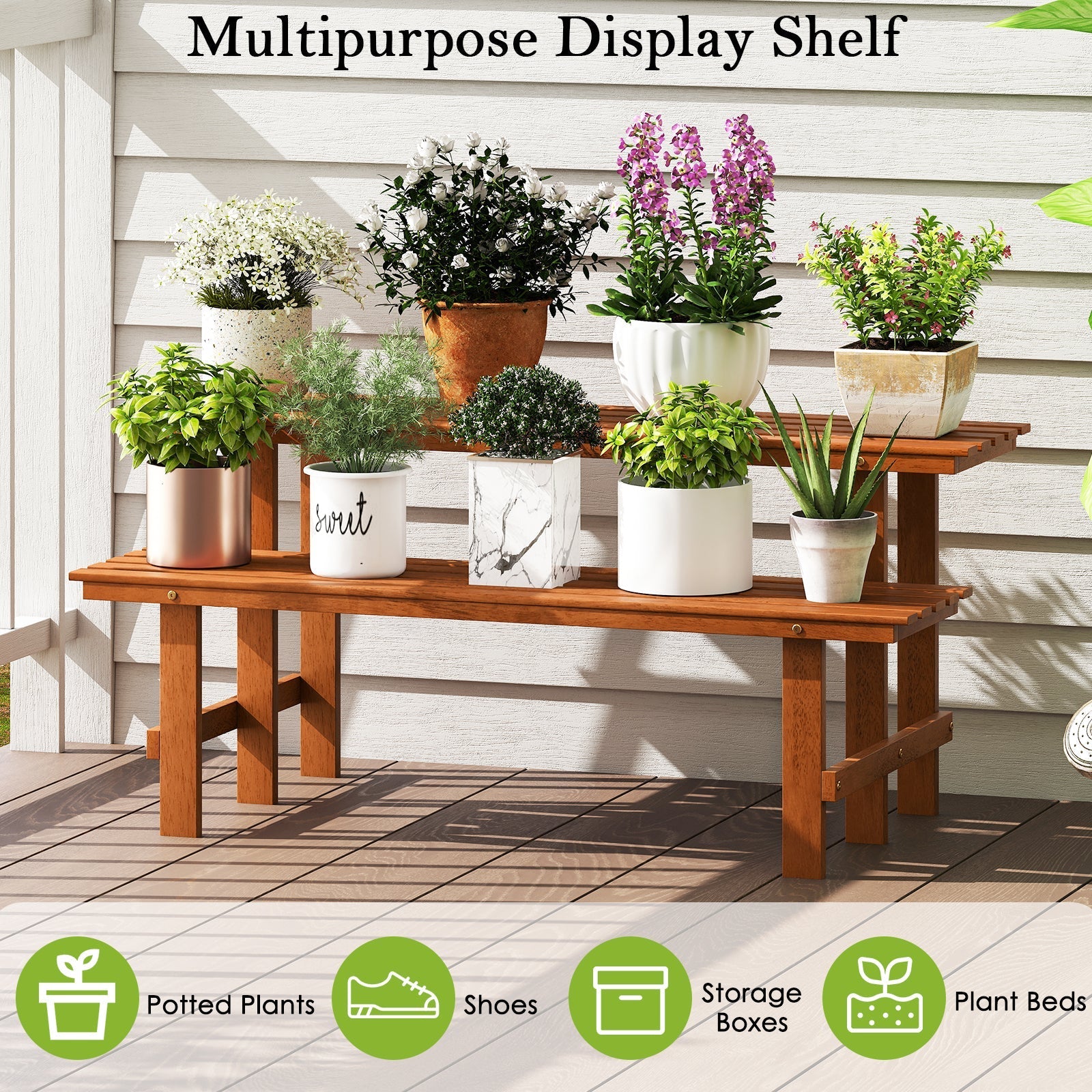 2-Tier Wood Plant Stand Ladder Plant Shelf for Indoor Outdoor