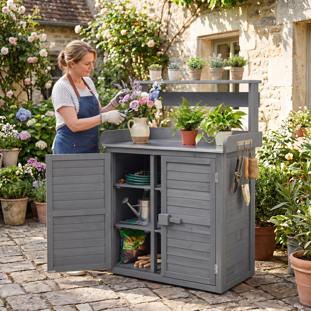 Wood Potting Bench with Stainless Steel Top and Storage