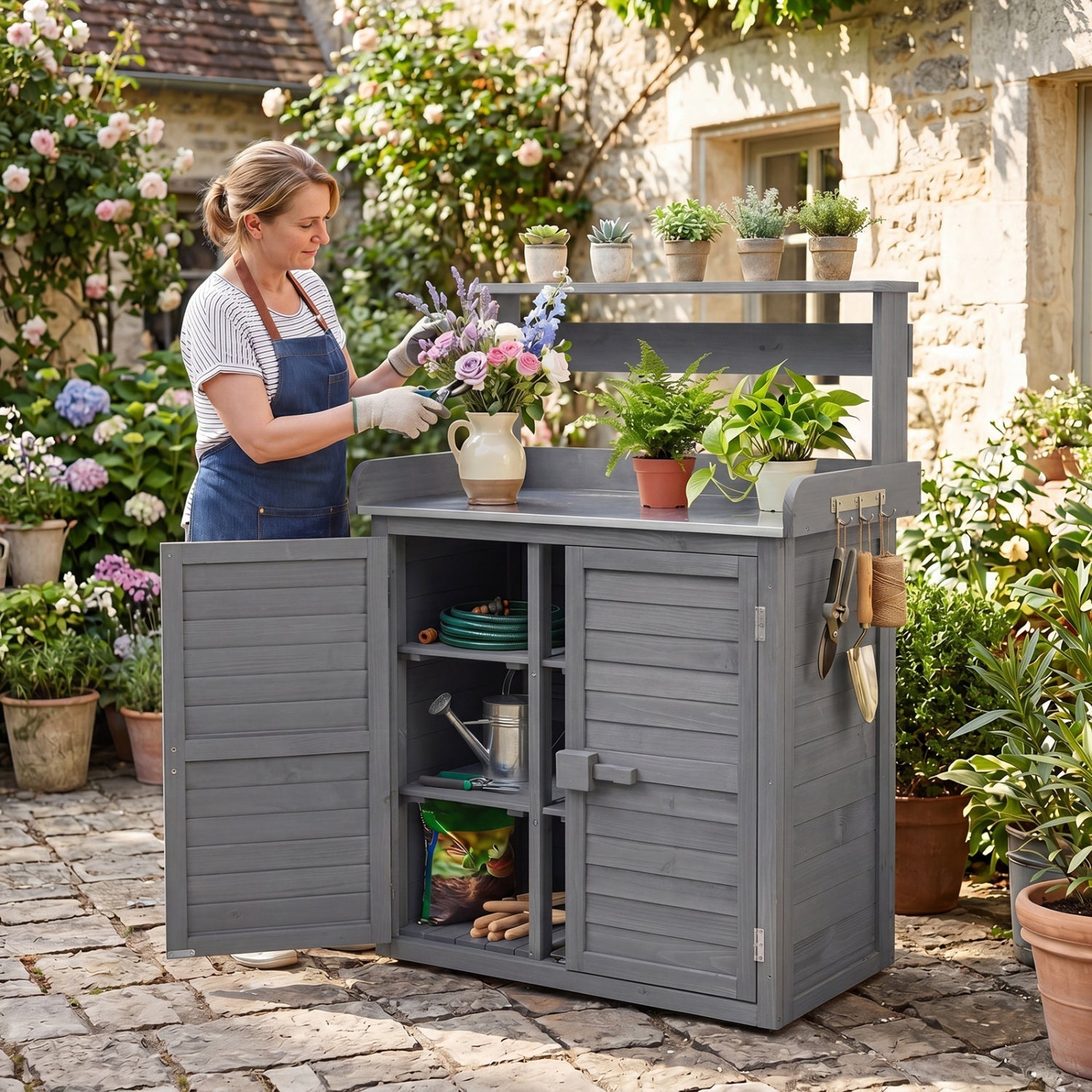 Wood Potting Bench with Stainless Steel Top and Storage