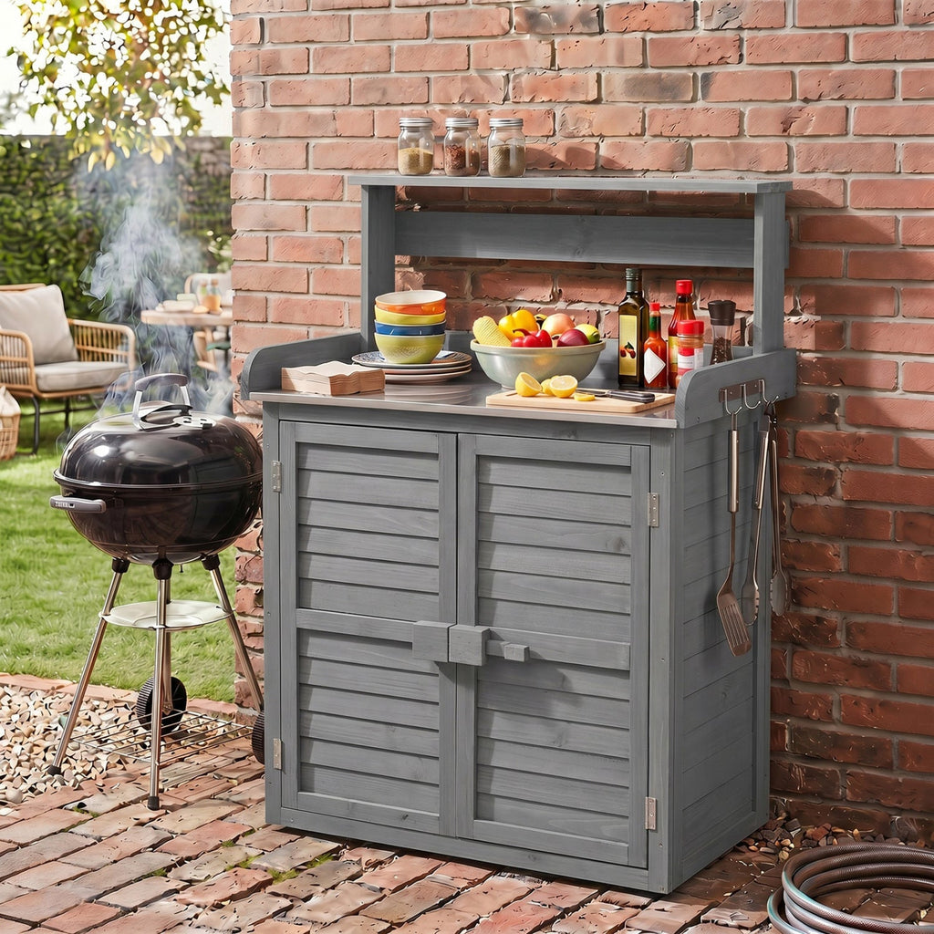 Wood Potting Bench with Stainless Steel Top and Storage