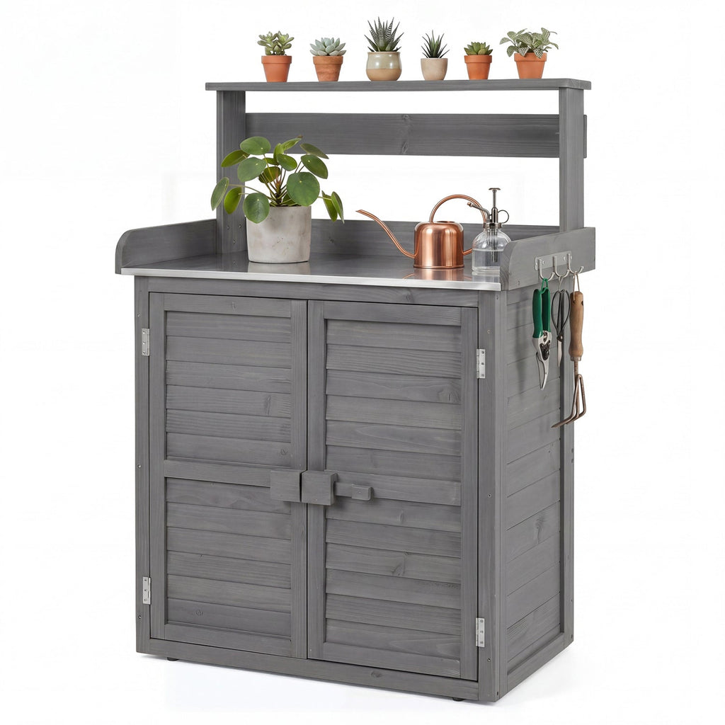 Wood Potting Bench with Stainless Steel Top and Storage