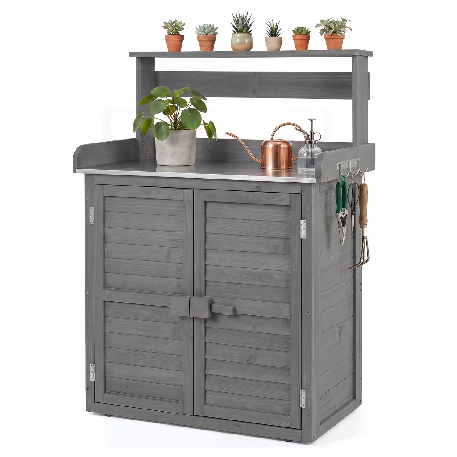 Wood Potting Bench with Stainless Steel Top and Storage