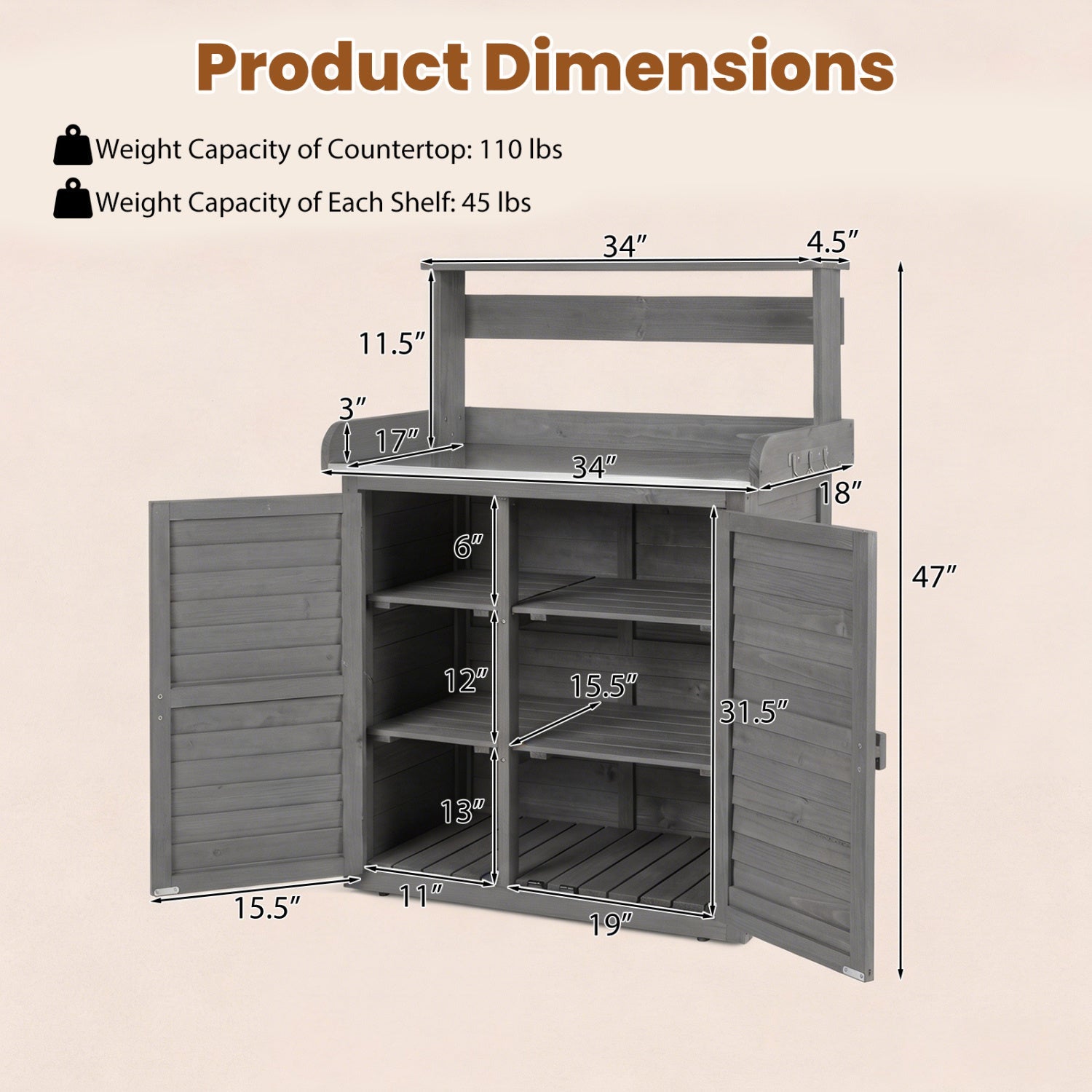 Wood Potting Bench with Stainless Steel Top and Storage