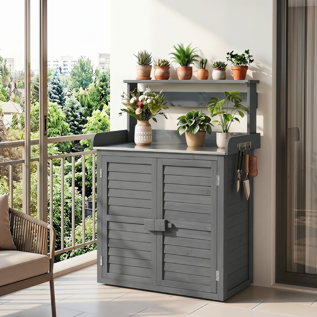 Wood Potting Bench with Stainless Steel Top and Storage