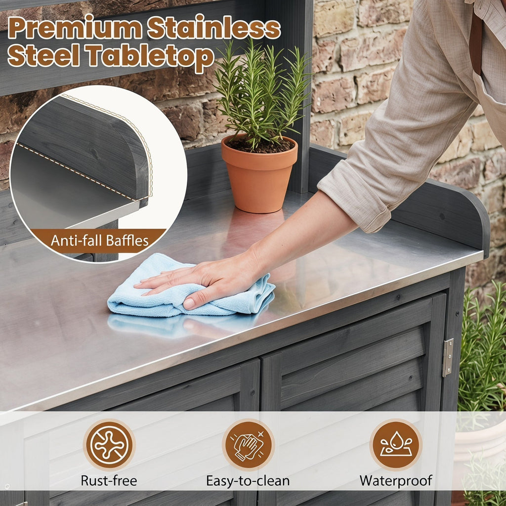 Wood Potting Bench with Stainless Steel Top and Storage