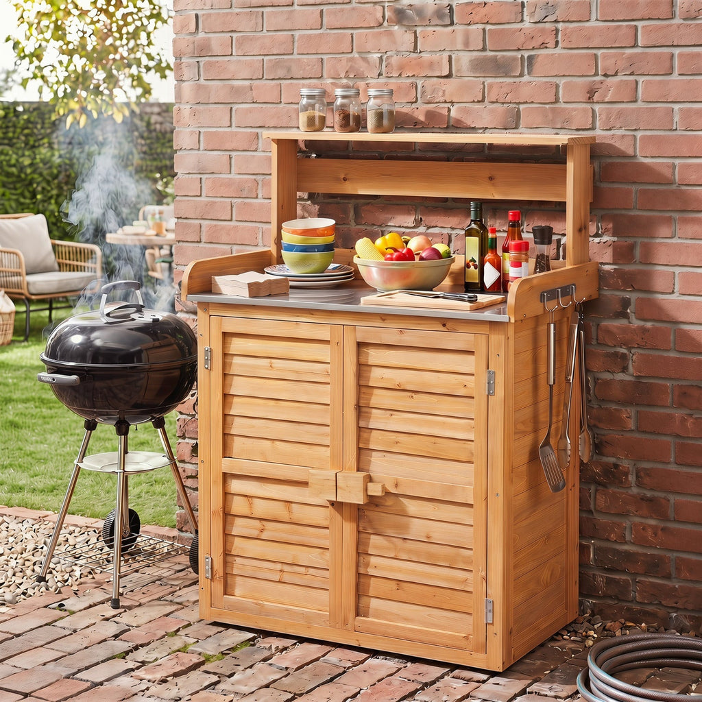 Wood Potting Bench with Stainless Steel Top and Storage