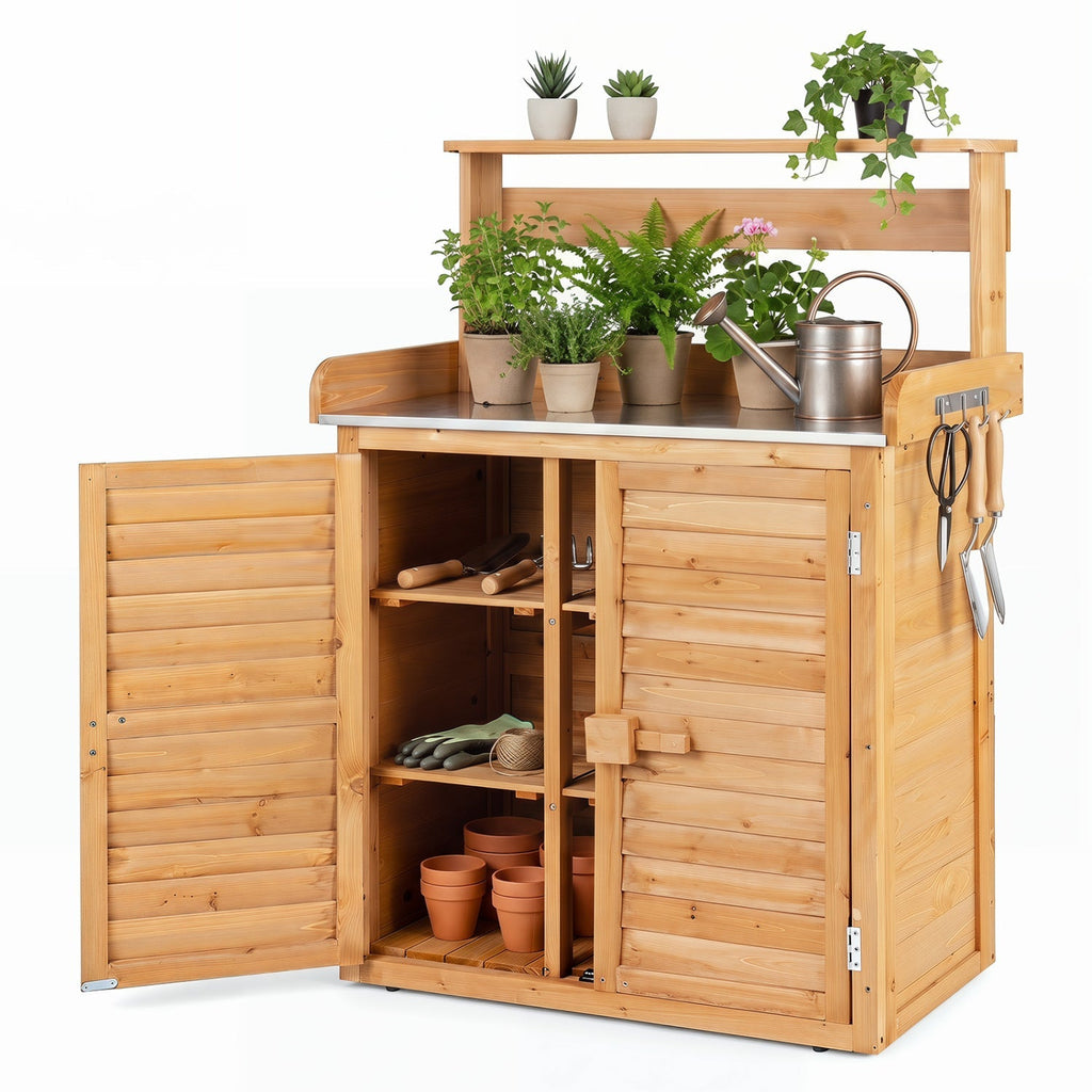 Wood Potting Bench with Stainless Steel Top and Storage