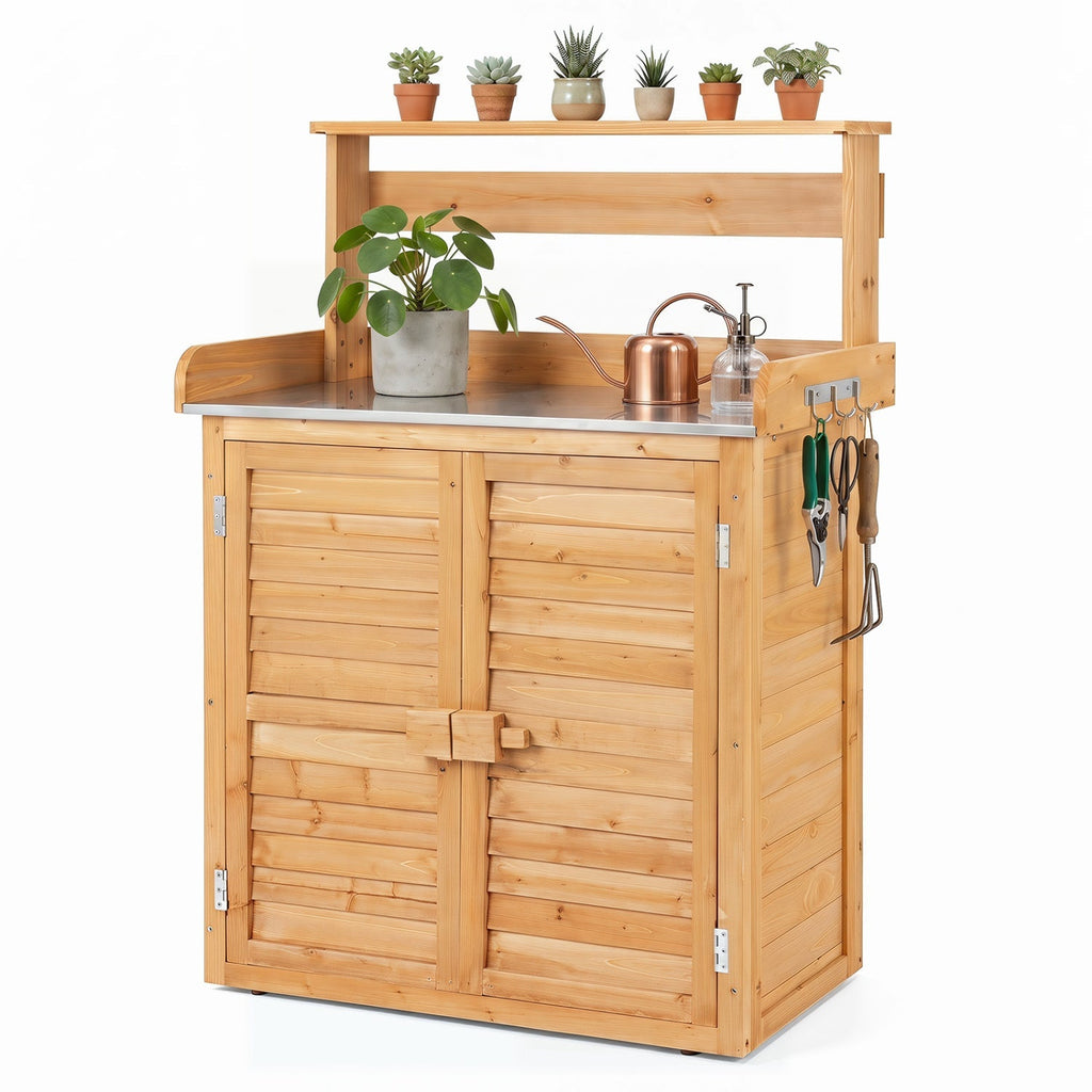 Wood Potting Bench with Stainless Steel Top and Storage