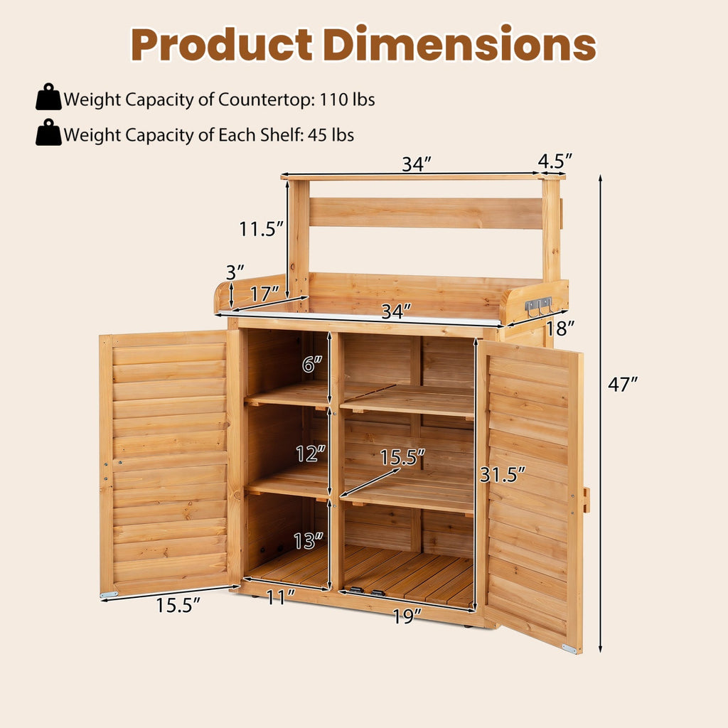 Wood Potting Bench with Stainless Steel Top and Storage