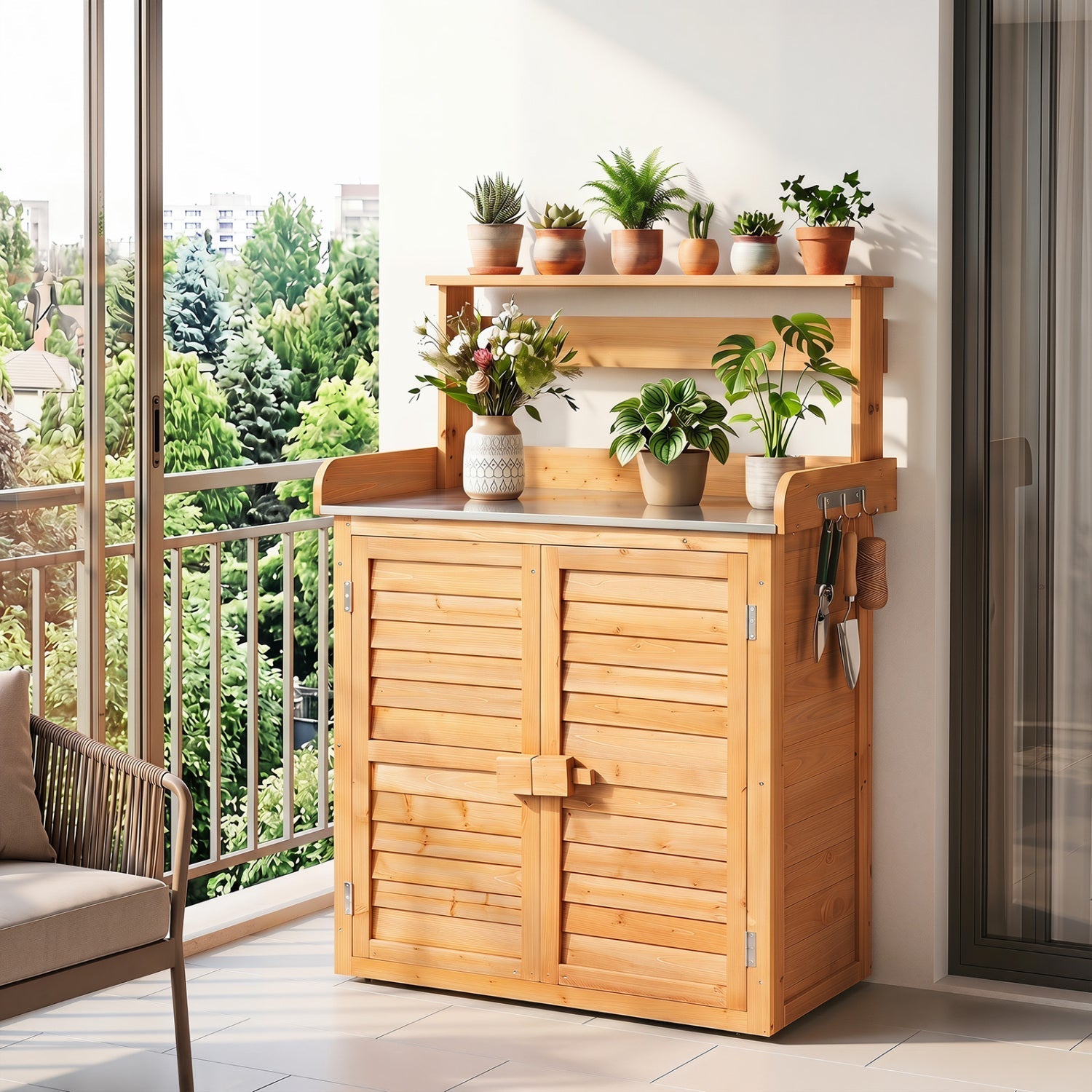Wood Potting Bench with Stainless Steel Top and Storage