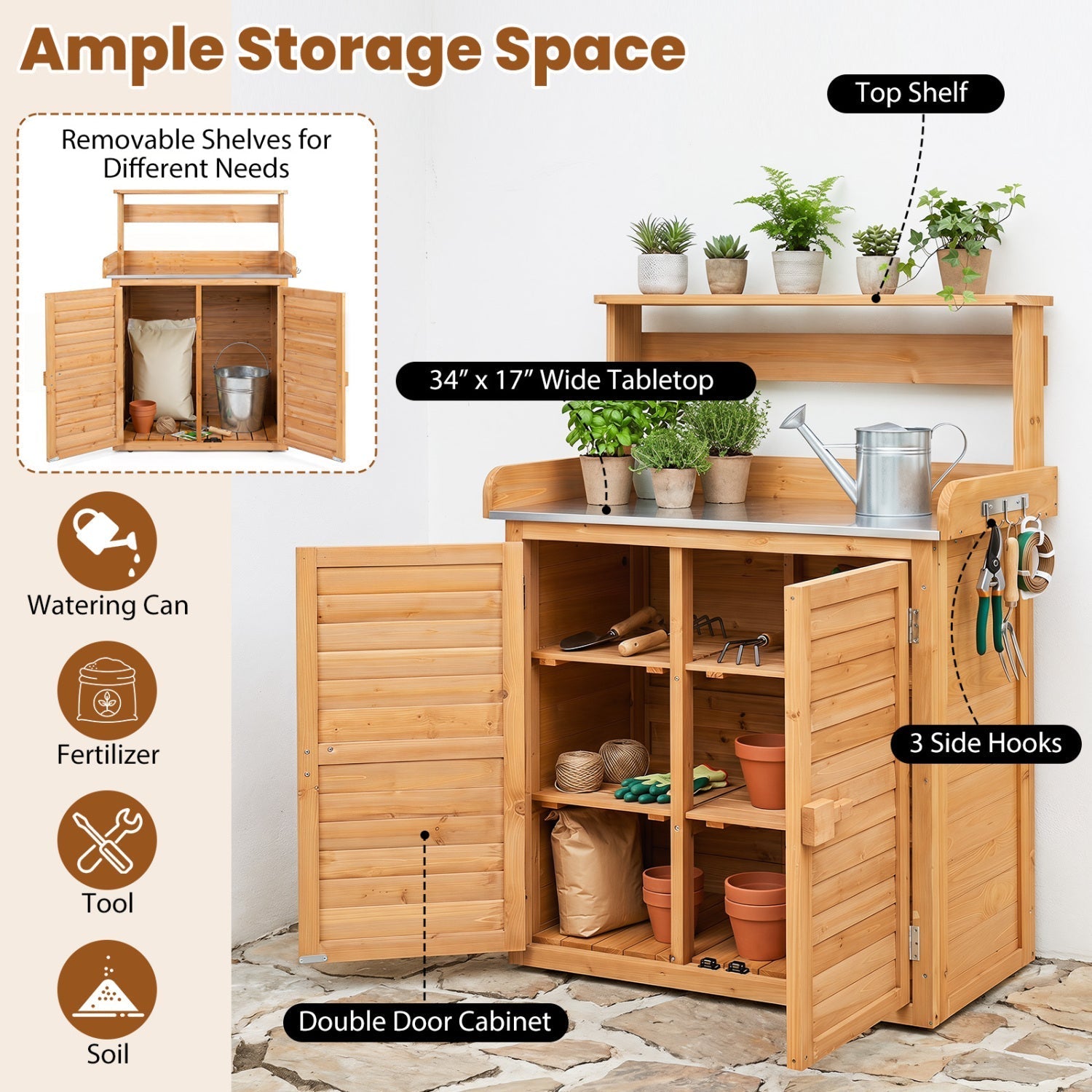 Wood Potting Bench with Stainless Steel Top and Storage