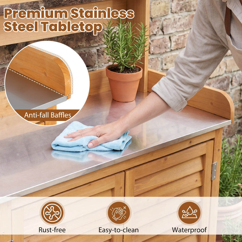 Wood Potting Bench with Stainless Steel Top and Storage