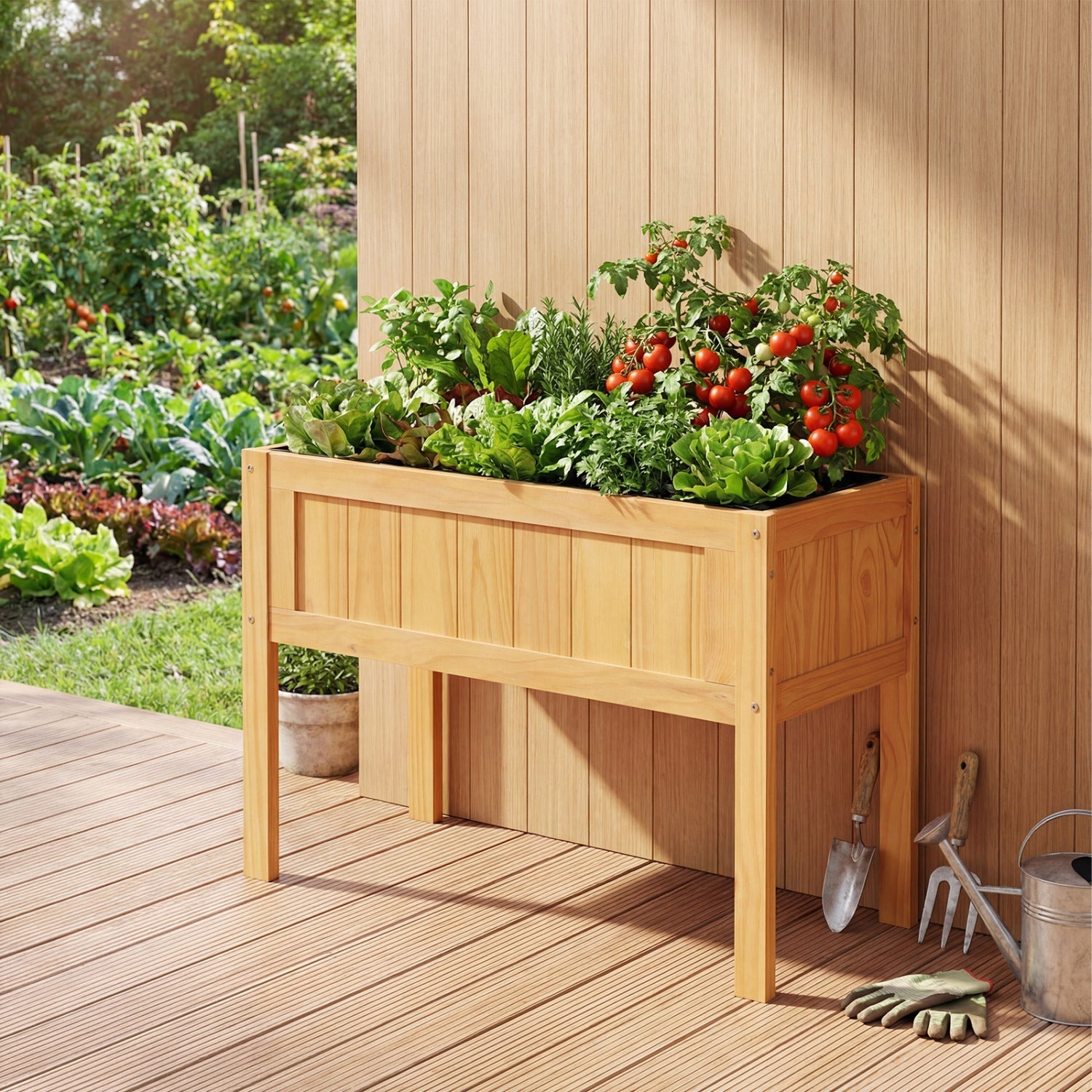 Wood Raised Garden Bed Elevated Planter Box with Bed Liner and Drainage Holes for Vegetables Flowers Herbs