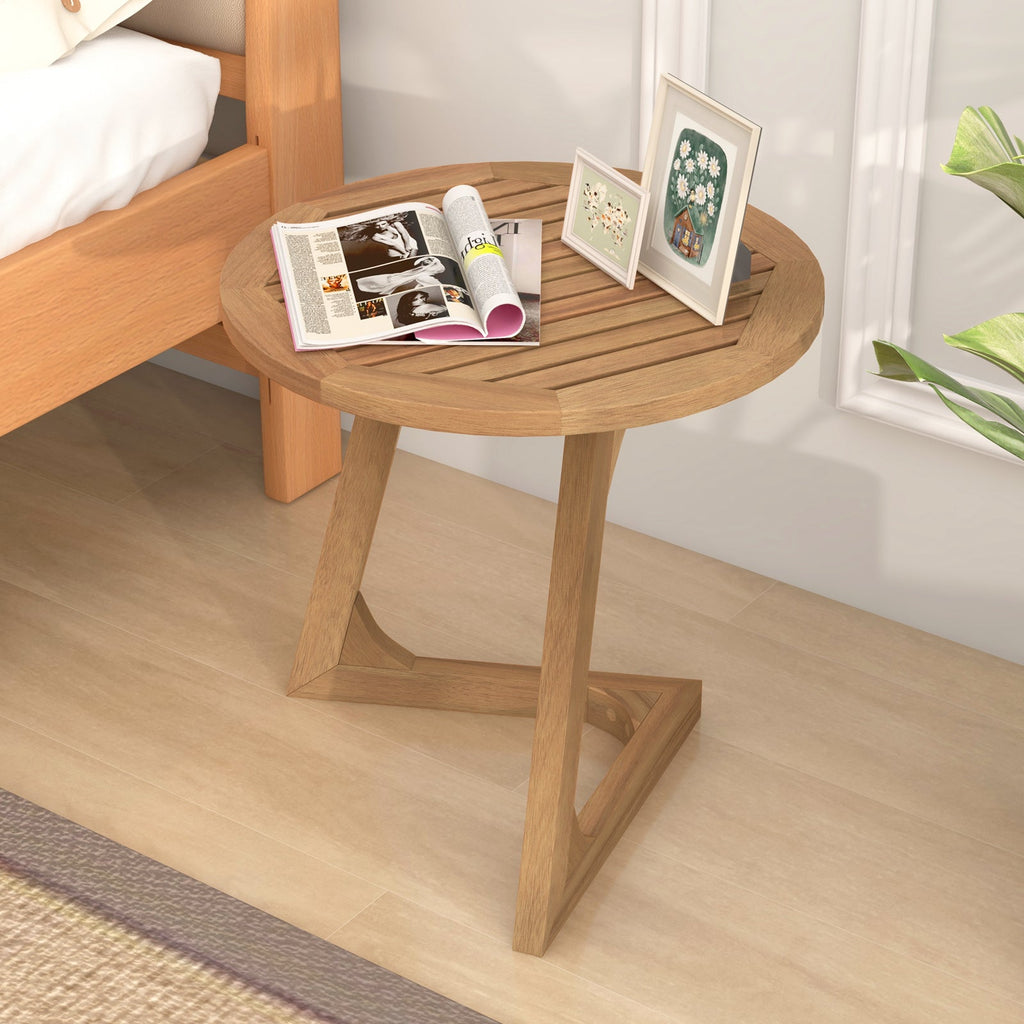 Teak Wood Side Table Round Sofa End Table with Slatted Tabletop