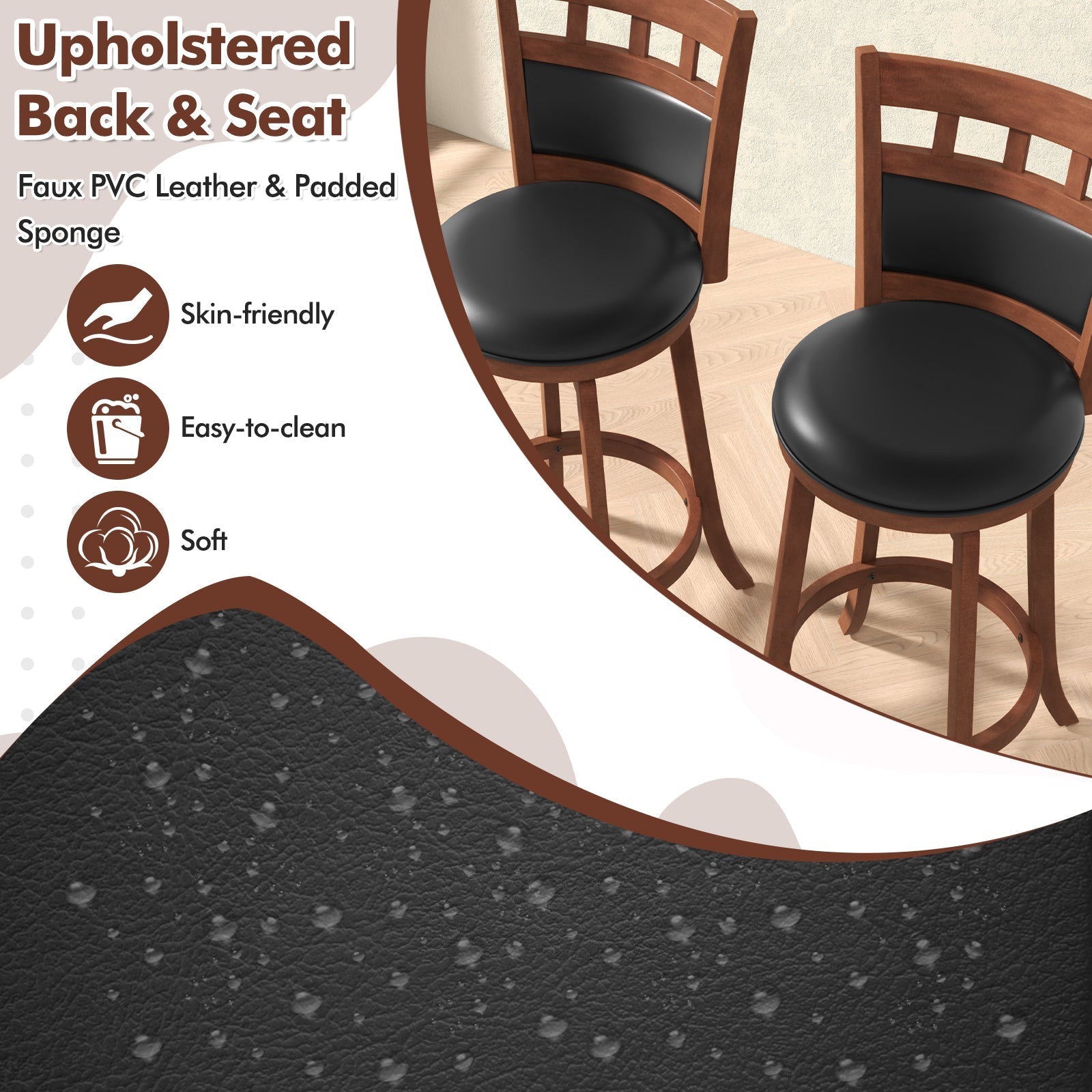 Wood Swivel Bar Stools Set of 2 with Faux Leather Upholstered Seat and Back-Brown