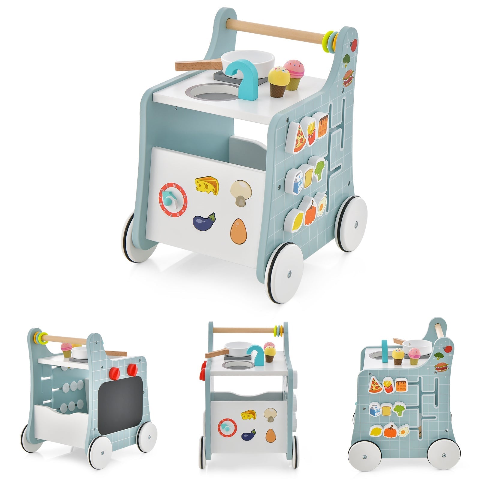 6-in-1 Wooden Baby Stroller with Play Kitchen for Kids Over 12 Months