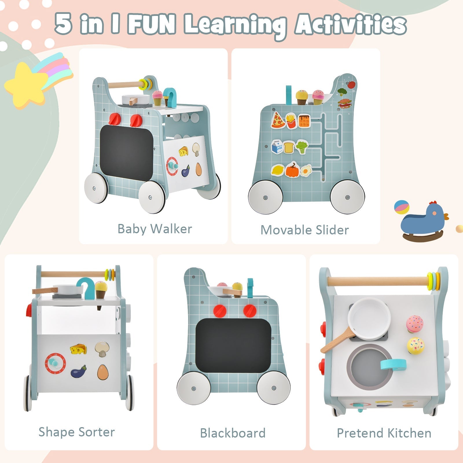 6-in-1 Wooden Baby Stroller with Play Kitchen for Kids Over 12 Months