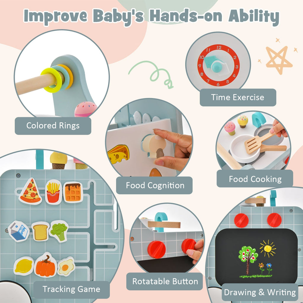 6-in-1 Wooden Baby Stroller with Play Kitchen for Kids Over 12 Months