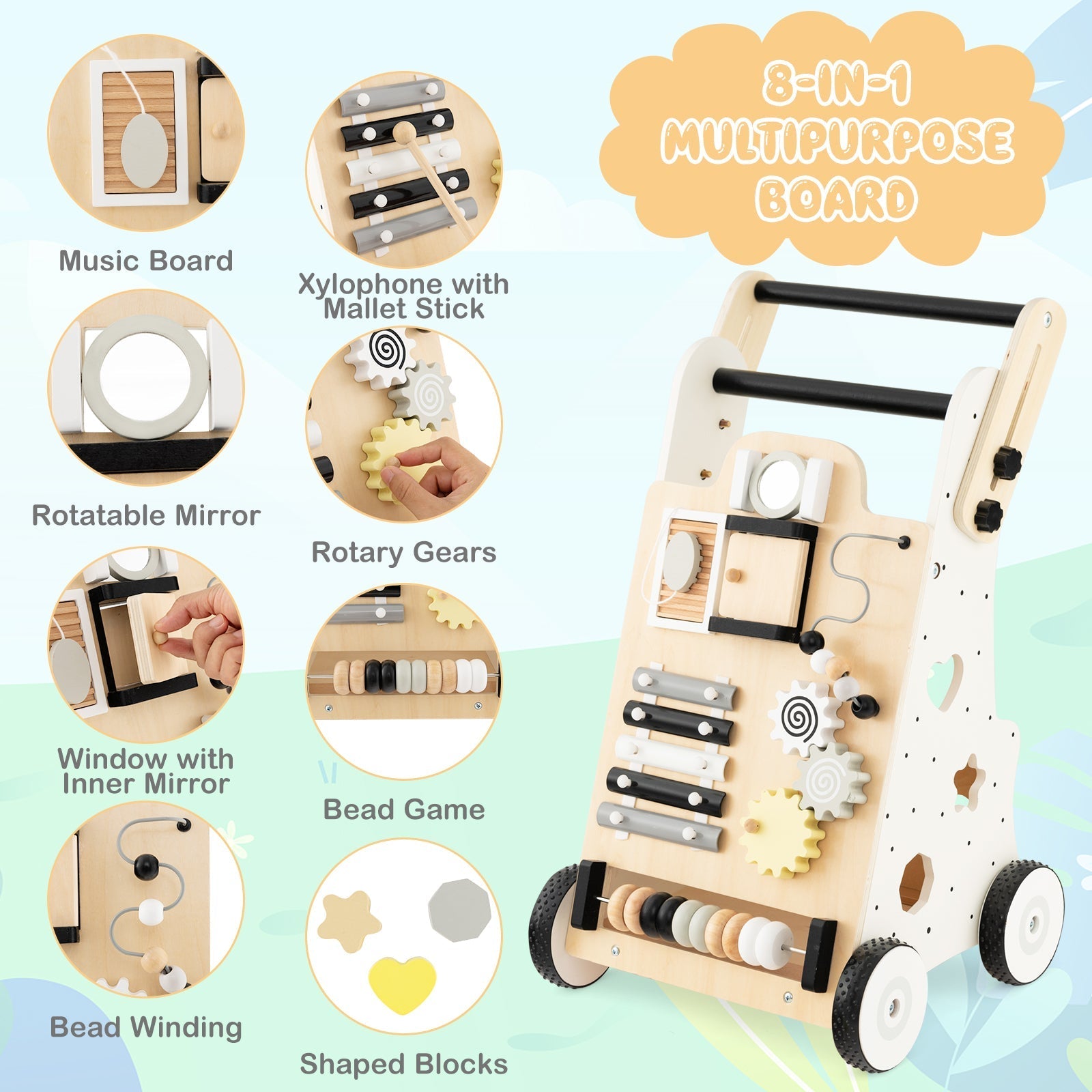 Wooden Baby Walker with Height Adjustable Handles