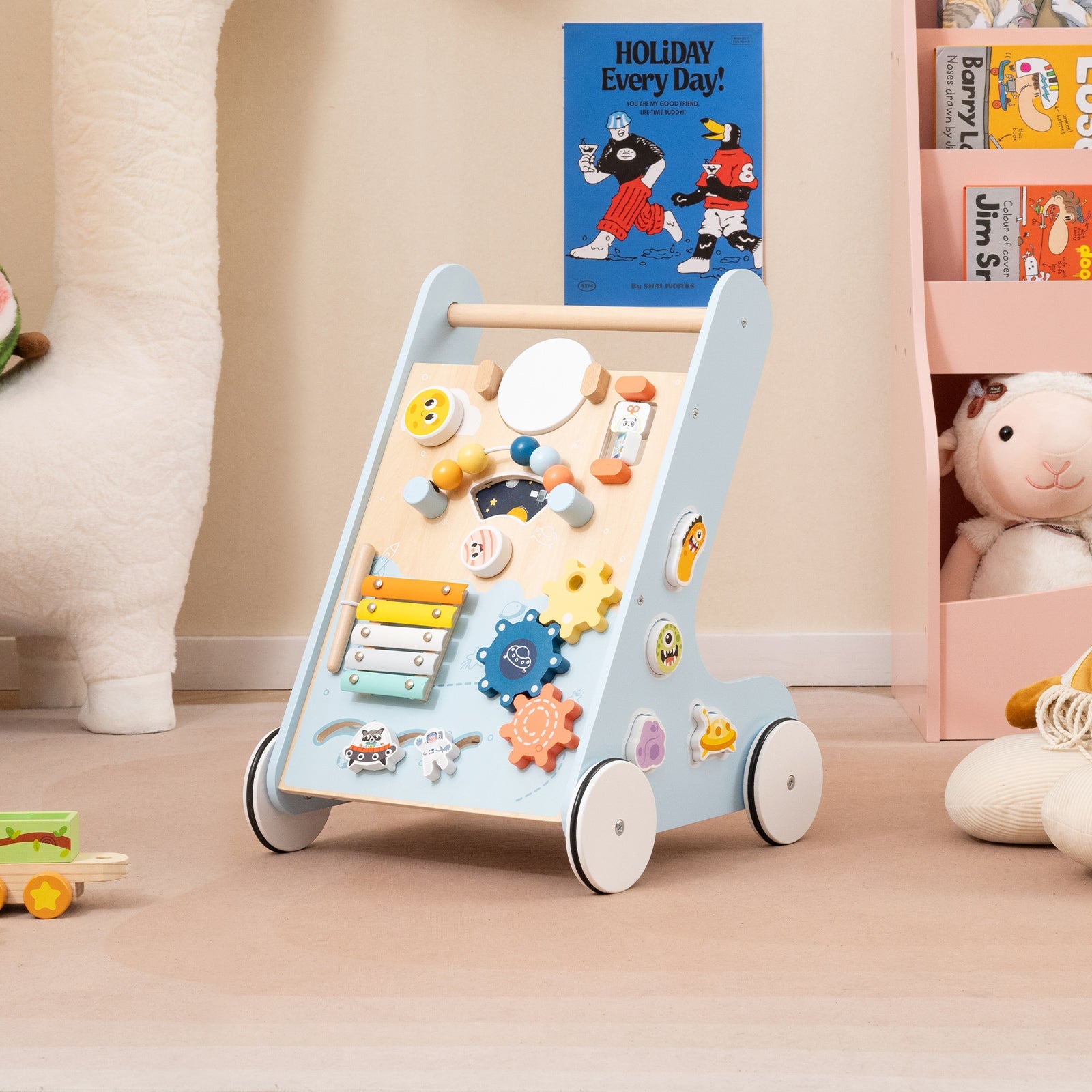 Wooden Baby Walker Push and Pull Learning Activity Center with Wheels for Toddlers 1+ Years Old