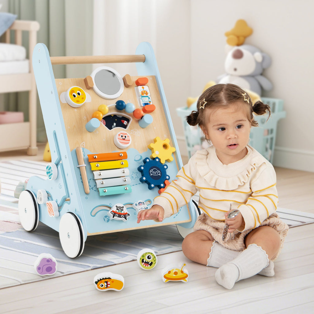 Wooden Baby Walker Push and Pull Learning Activity Center with Wheels for Toddlers 1+ Years Old