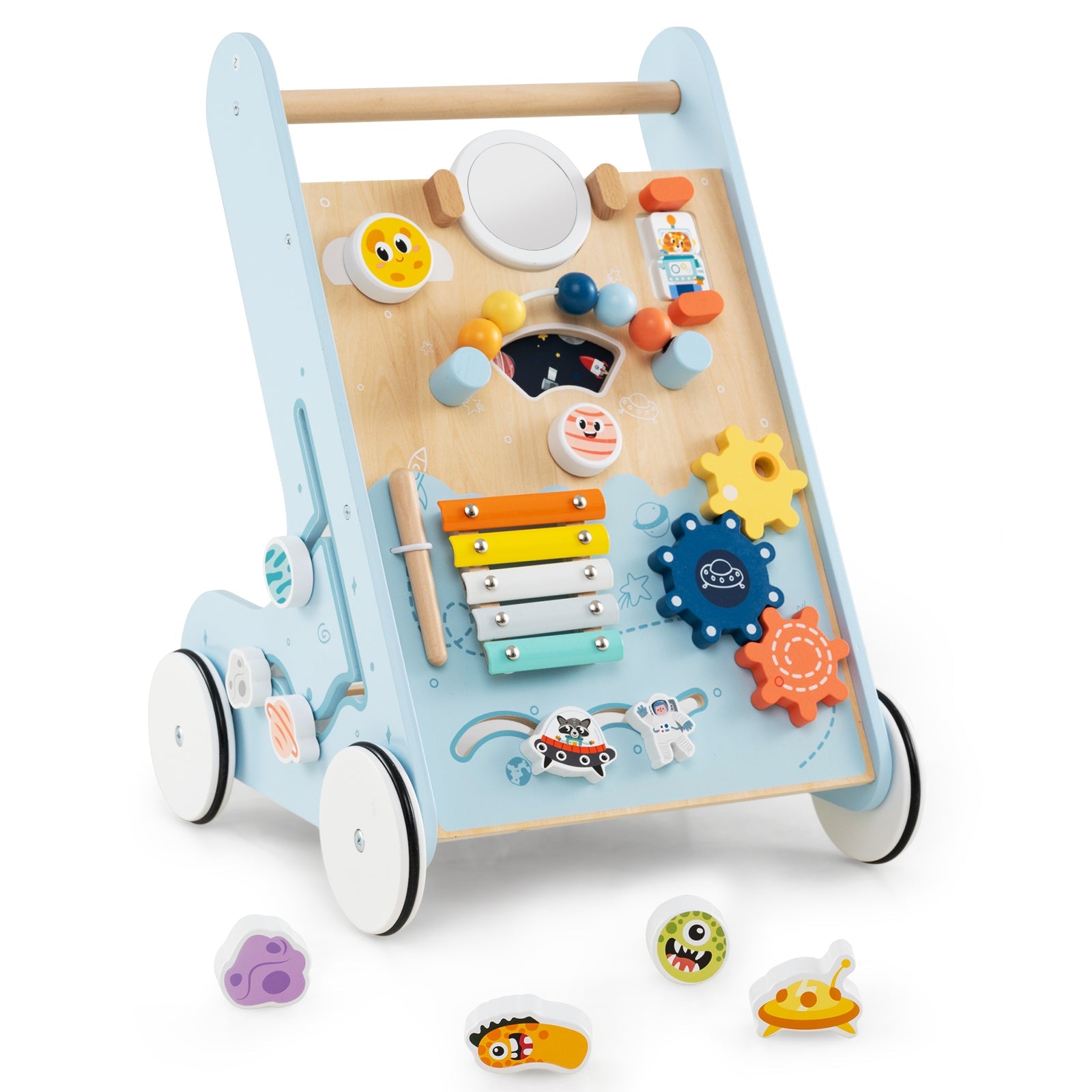 Wooden Baby Walker Push and Pull Learning Activity Center with Wheels for Toddlers 1+ Years Old