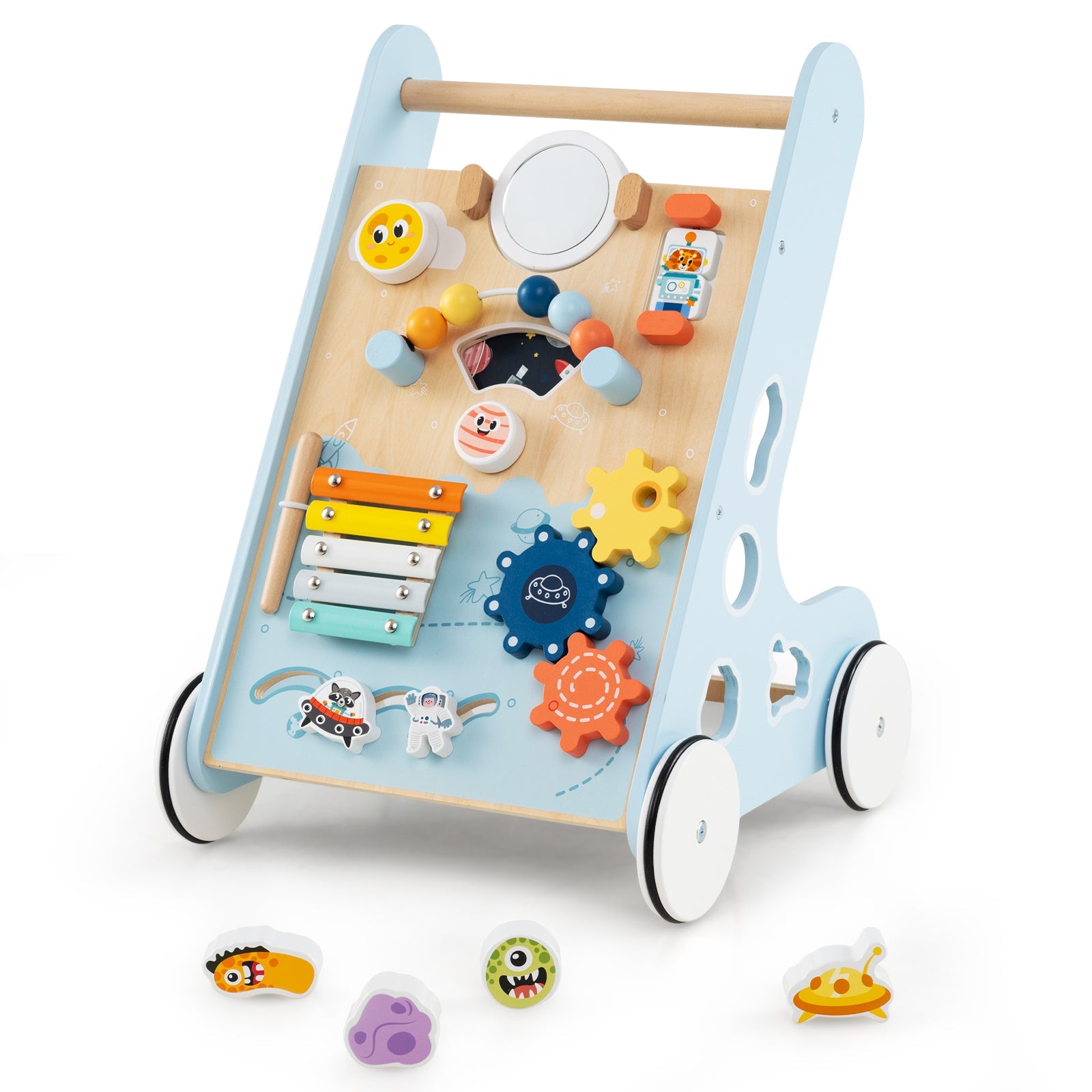 Wooden Baby Walker Push and Pull Learning Activity Center with Wheels for Toddlers 1+ Years Old