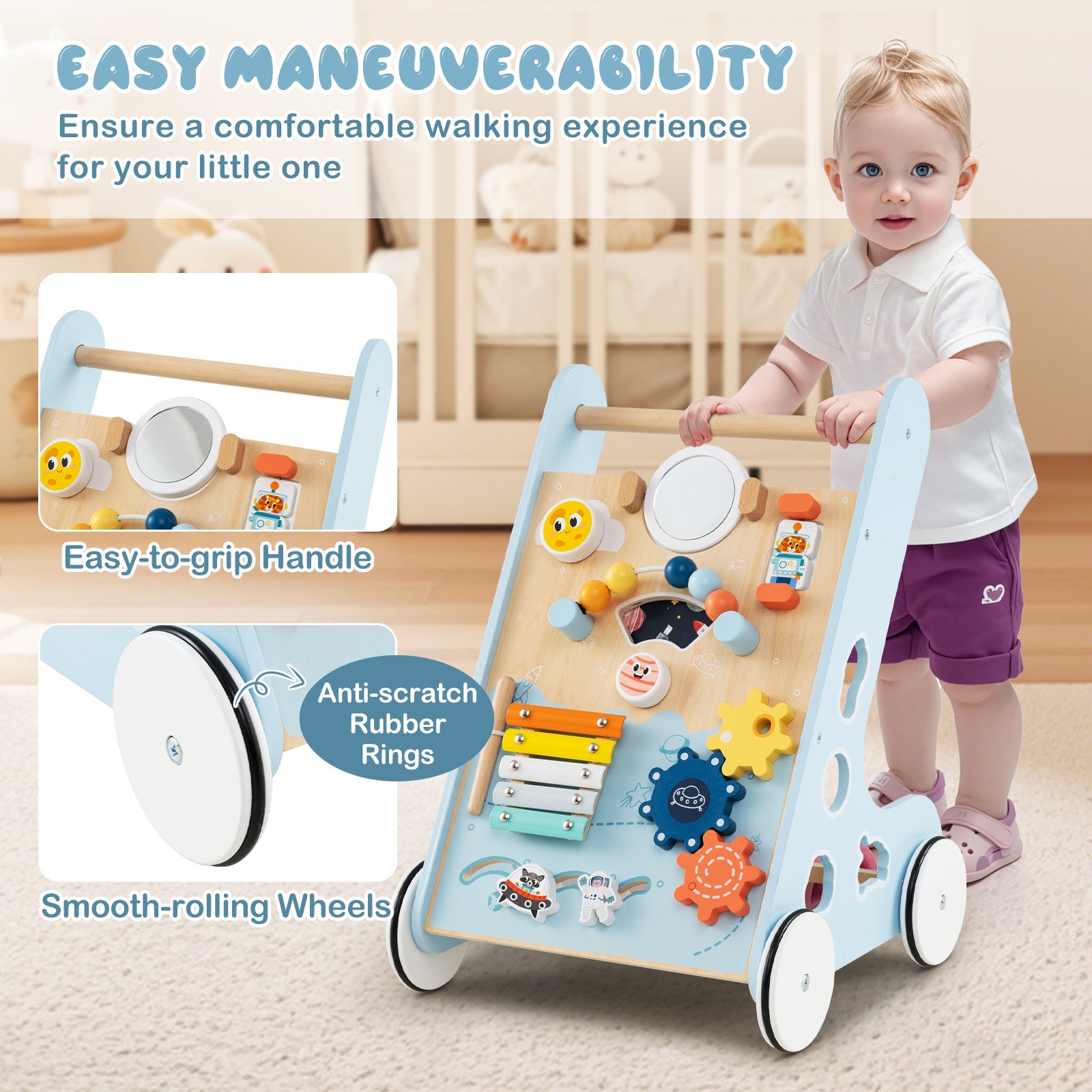 Wooden Baby Walker Push and Pull Learning Activity Center with Wheels for Toddlers 1+ Years Old