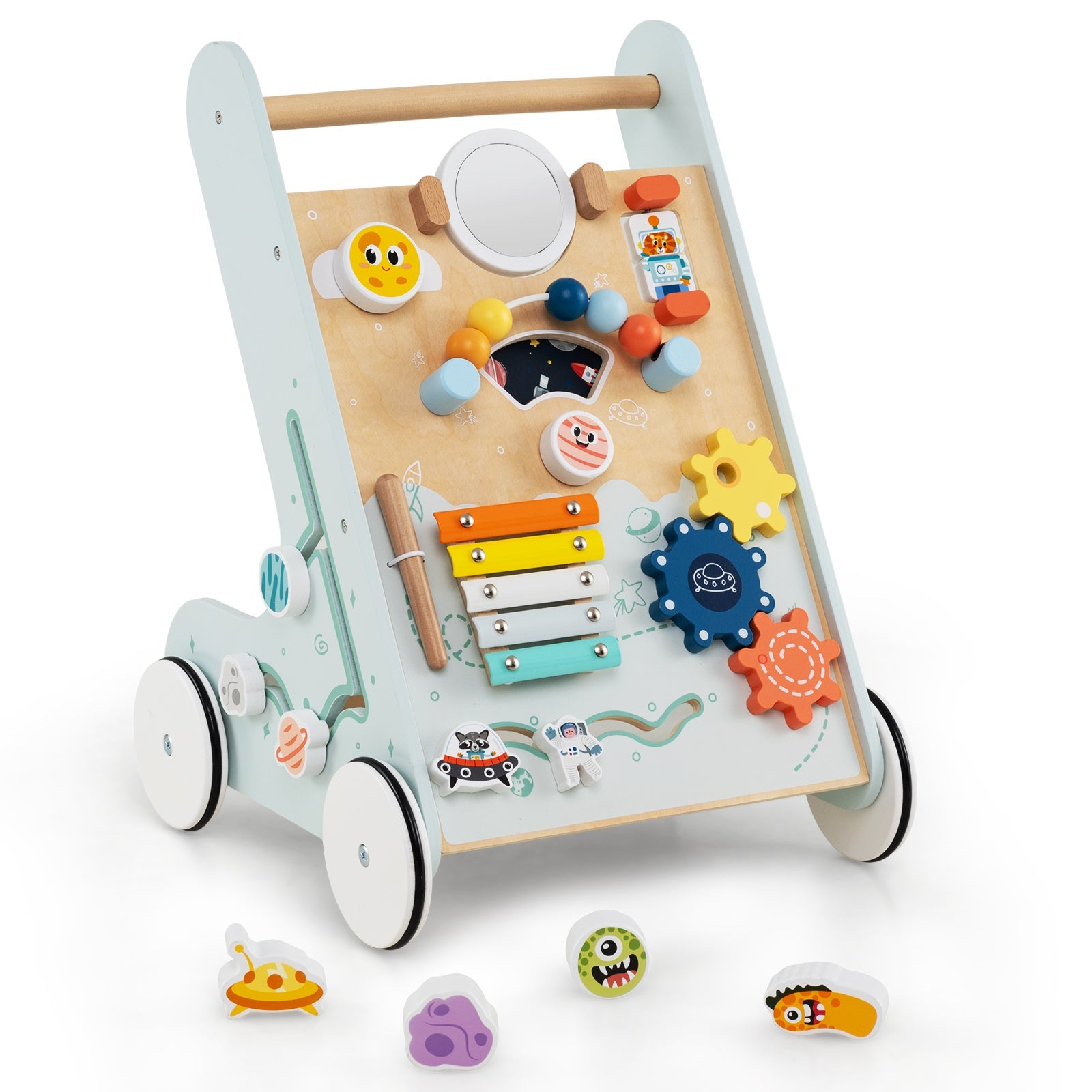 Wooden Baby Walker Push and Pull Learning Activity Center with Wheels for Toddlers 1+ Years Old