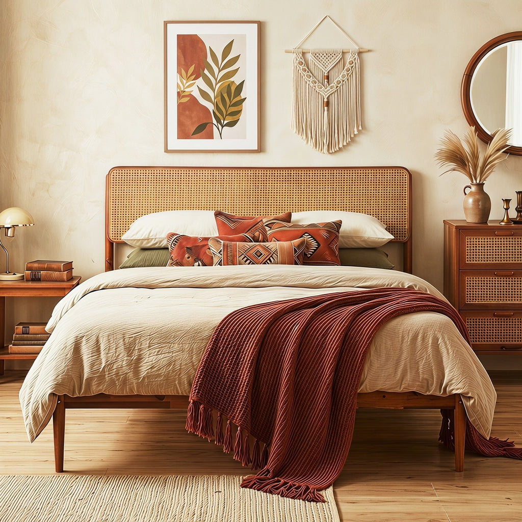 Queen Rattan Headboard Bed Frame with Wood Slat Support