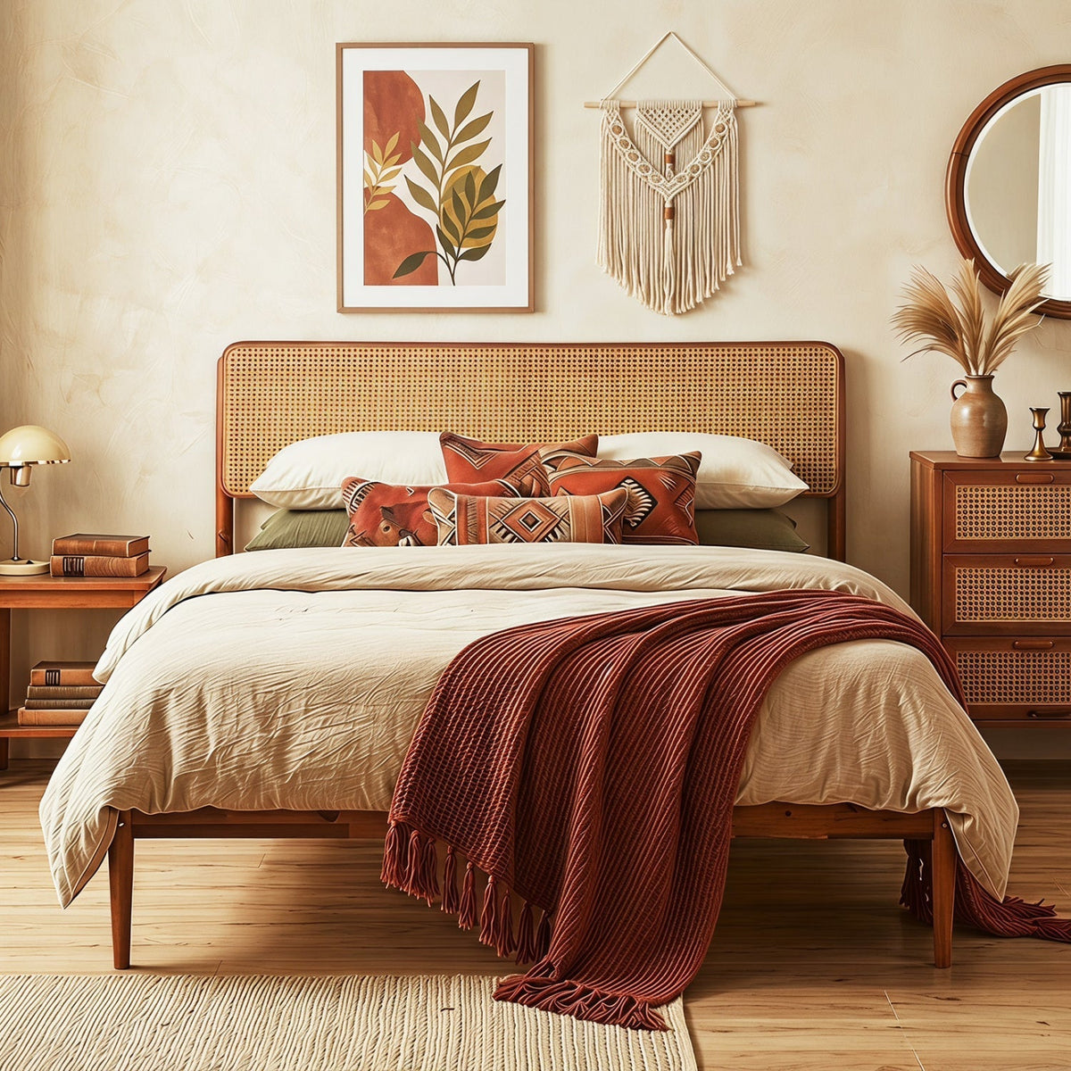 Queen Rattan Headboard Bed Frame with Wood Slat Support