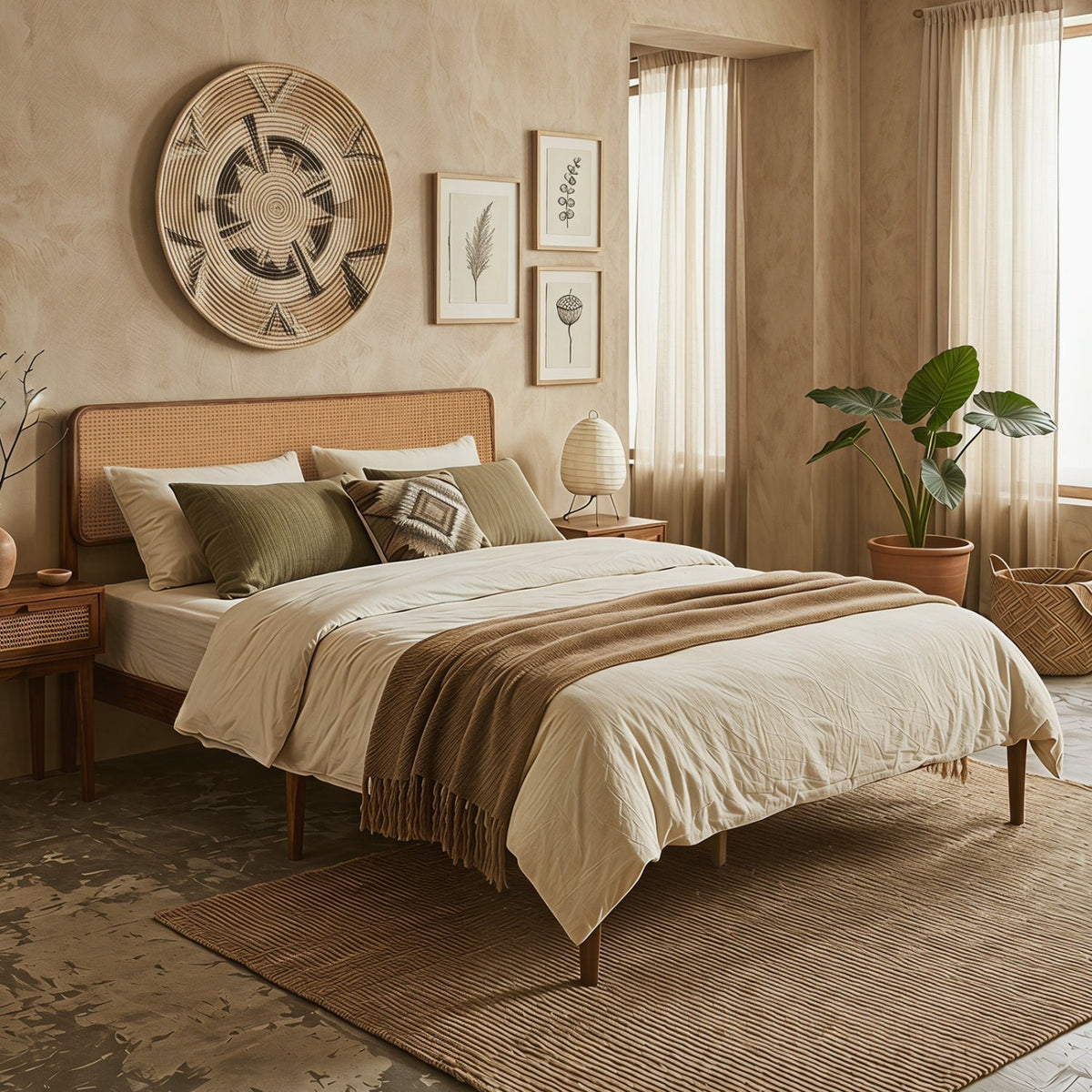 Queen Rattan Headboard Bed Frame with Wood Slat Support