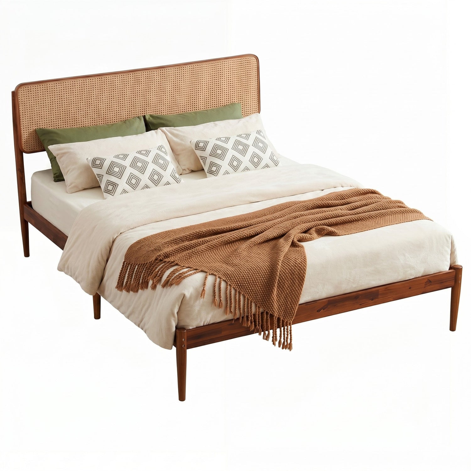 Queen Rattan Headboard Bed Frame with Wood Slat Support