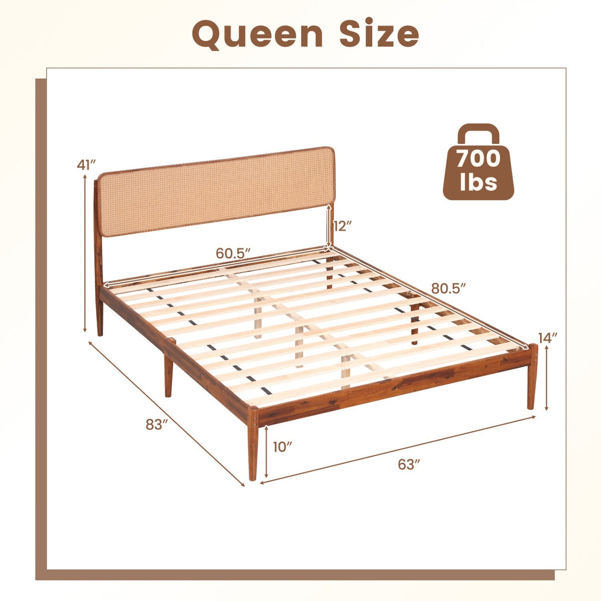 Queen Rattan Headboard Bed Frame with Wood Slat Support